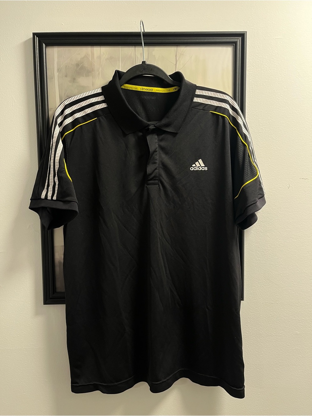 adidas Black Polo with White Shoulder Stripes and Yellow Piping